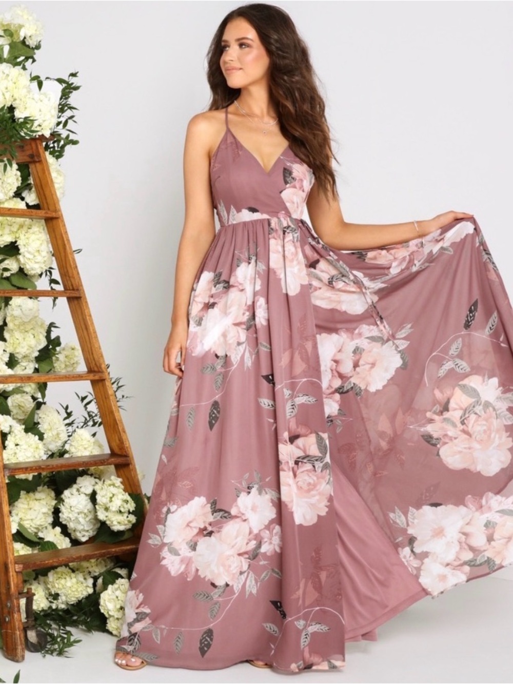 Windsor Dusty Rose Floral V-Neck Spaghetti Strap Maxi Dress